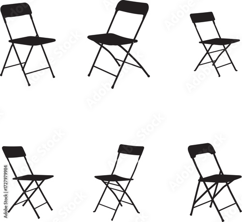 Six black folding chairs arranged in a grid against a white background