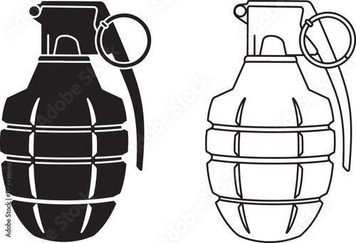 Two stylized grenade illustrations one solid black and one outline