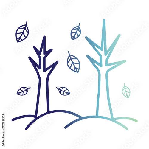 Autumnal Mood Whimsical Forest with Falling Leaves - Modern Autumn Line Icon Illustration