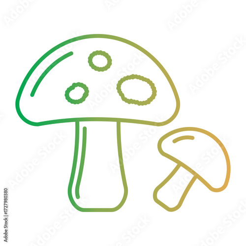 Illustration of Two Mushrooms, Autum Line Icon, in Green Gradient on White Background