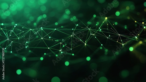 Abstract digital network with glowing green interconnected points and lines forming a futuristic web on a dark background