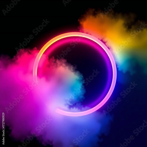 Vibrant neon ring surrounded by colorful smoke
