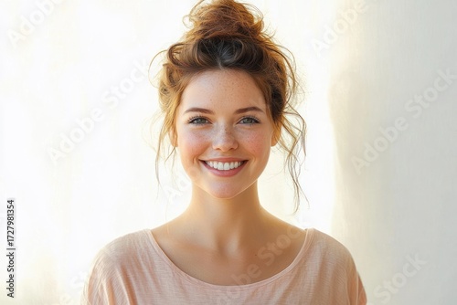 Close-up portrait of a young woman with light skin, freckles, green eyes, and red hair in a messy bun smiling warmly against a bright background