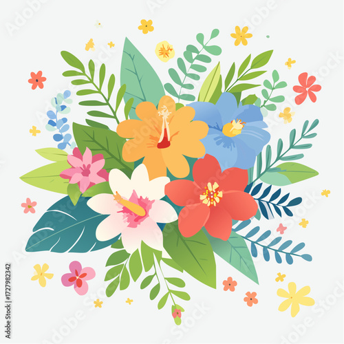 Colorful Floral Arrangement with Hibiscus and Variety of Blooms on White Background