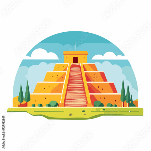 Stylized Illustration of a Mesoamerican Pyramid with Greenery under a Cloudy Sky