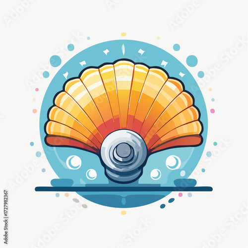 Stylized Clamshell Illustration Against A Blue Circular Background With Decorative Elements
