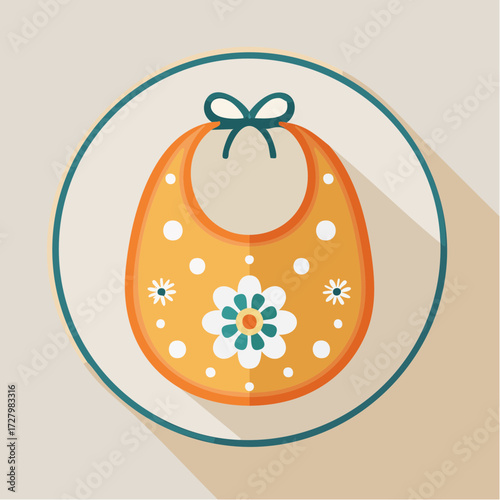 Orange Baby Bib with Floral Design and White Dots Inside of a Light Beige Circle on a Light Beige Background