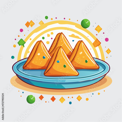 Close Up View of Orange Samosas on a Blue Plate with Decorative Elements