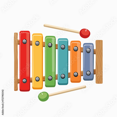 Colorful Xylophone Instrument with Wooden Frame and Mallets Isolated on White Background