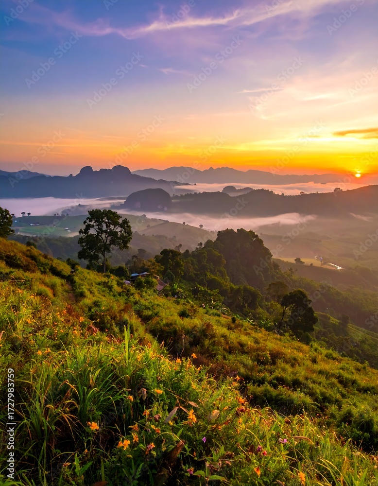 Fototapeta premium Panoramic sunrise over a misty mountain valley