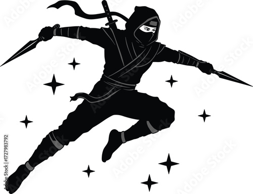 Ninja warrior in action pose, martial arts fighter jumping with weapons, silhouette illustration, Japanese samurai combat, stealth assassin character artwork