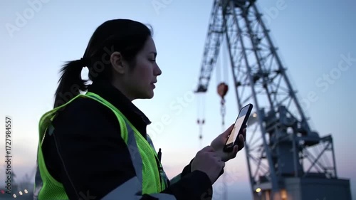 Female worker using smartphone with crane at the port during twilight hours