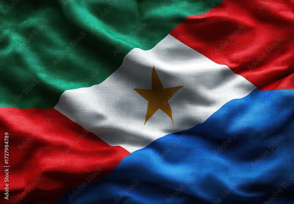 Fototapeta premium Wavy fabric flag featuring horizontal sections of green, red, blue and a central white diamond with a gold star in the middle, conveying a sense of movement and texture