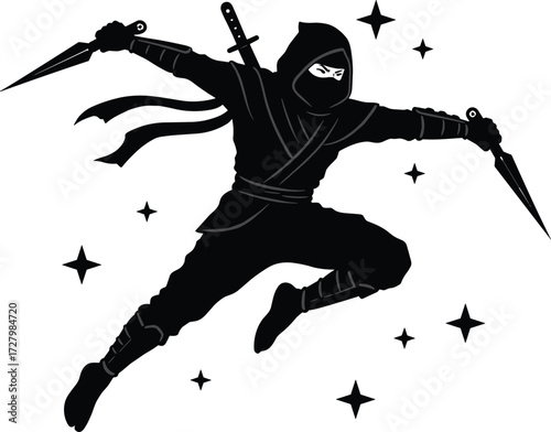 Ninja warrior silhouette jumping with swords, martial arts fighter in action, Japanese assassin character, stealth combat pose, traditional samurai artwork illustration