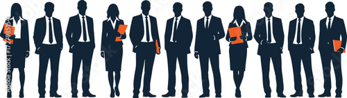 Business professionals, corporate team, office staff, formal attire, leadership concept, diversity in workplace, career success, teamwork, silhouette group, confident pose