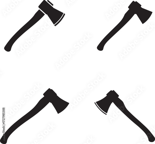 Four silhouette illustrations of axes with wooden handles on a white background