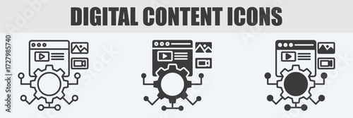 Digital Content Icon Set Vector Illustration in Outline, Glyph, and Mixed