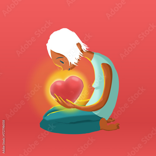 Fotografija Mujer observa su corazón con asombro, ilustración digital