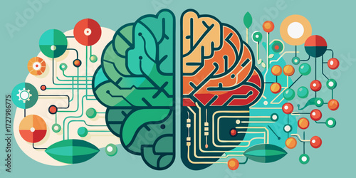 A detailed vector illustration of a human brain, where the left hemisphere is made of intricate electronic circuit boards and microchips, and the right hemisphere is made of natural elements like leav