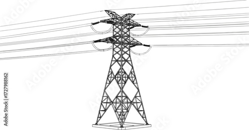 High-voltage transmission tower, power pylon, electricity infrastructure, lattice structure, energy lines, industrial grid, utility pole, electric network, rural landscape, engineering marvel