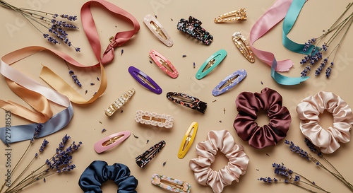 An overhead shot of hair accessories including scrunchies, hair clips, ribbons, and dried lavender flowers arranged on a light brown surface.