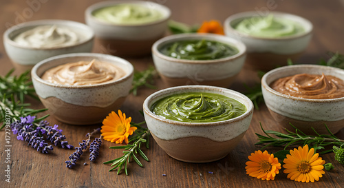 Assortment of colorful homemade face masks or creams in small ceramic bowls, decorated with flowers and herbs on a wooden surface.