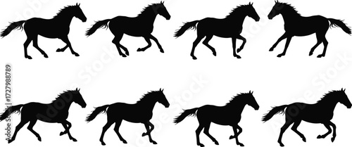 Running horse silhouettes collection, galloping stallion artwork, equestrian motion illustration, wild horse sequence, animal power, speed, trot, canter, graphic design