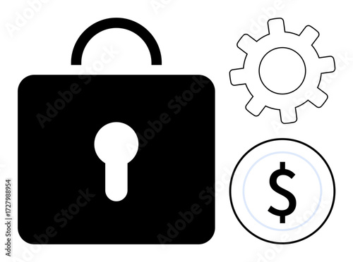 Black padlock, gear, and dollar sign representing security, finance, technology, innovation, operational processes. Ideal for cybersecurity, data protection fintech business strategy savings risk