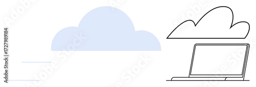 Laptop under cloud outline with blue cloud in background, emphasizing digital storage and data exchange. Ideal for technology, networking, innovation, data transfer, internet services, storage