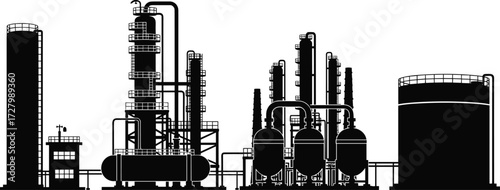 Industrial plant silhouette, chemical refinery, distillation columns, petrochemical facility, storage tanks, piping system, engineering infrastructure, factory skyline, process equipment