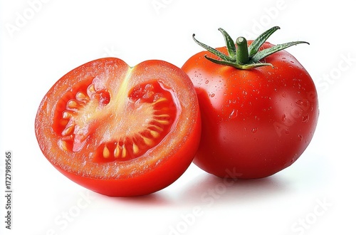 Wallpaper Mural Fresh red tomato with water droplets next to a half sliced tomato showing seeds and juicy interior on white background Torontodigital.ca