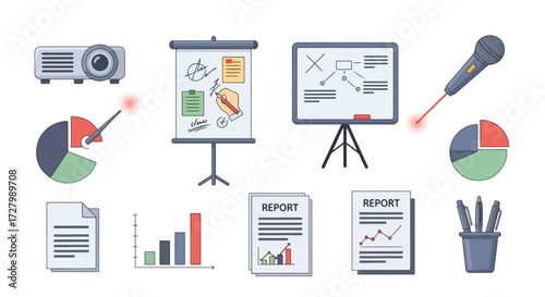 Presentation tools and documents: projector, flip chart, whiteboard, reports, graphs, pie charts, laser pointer, microphone, pen holder.