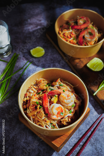 Pad Thai stir-fried with shrimp, eggs, peanuts and lime, served in paper.