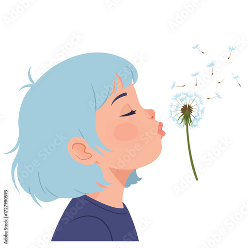 Elegant silhouette of a woman with beautiful hair blowing a dandelion flower, a vector illustration of spring beauty and floral fashion