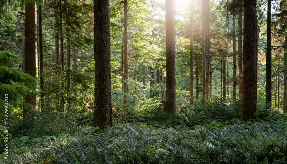 Fototapeta premium Lush Evergreen Forest With Sunlight Filtering Through Treeline Transparent Background