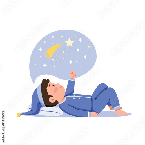  a child lying on their back, wearing pajamas, pointing up at an imaginary star with an expression of wonder