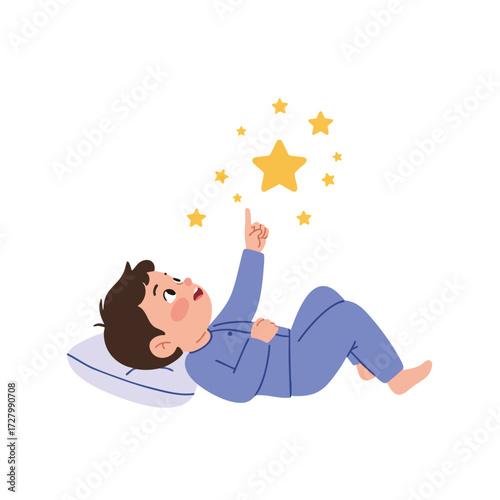  a child lying on their back, wearing pajamas, pointing up at an imaginary star with an expression of wonder
