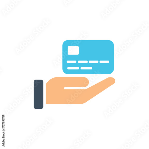 An isolated hand is holding a blue credit card against a white background