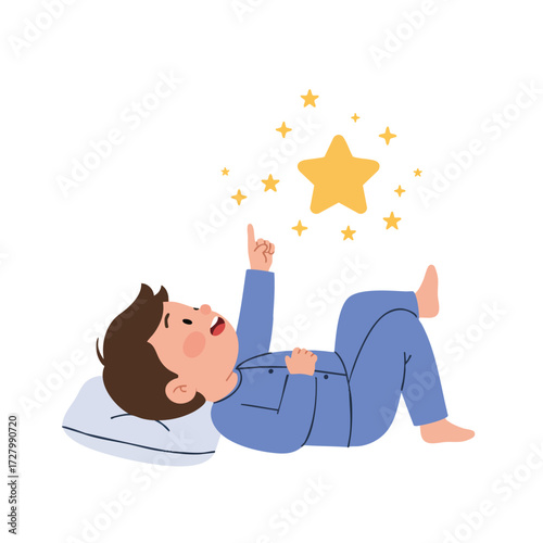  a child lying on their back, wearing pajamas, pointing up at an imaginary star with an expression of wonder
