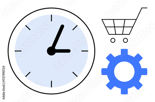 Clock, shopping cart, and gear representing time management, e-commerce efficiency, and workflow optimization. Ideal for productivity, business, retail, planning automation scheduling and digital