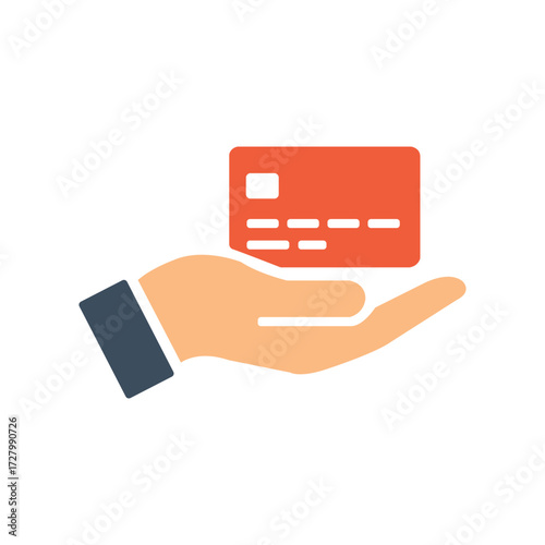 A light orange hand is offering a red credit card on white background