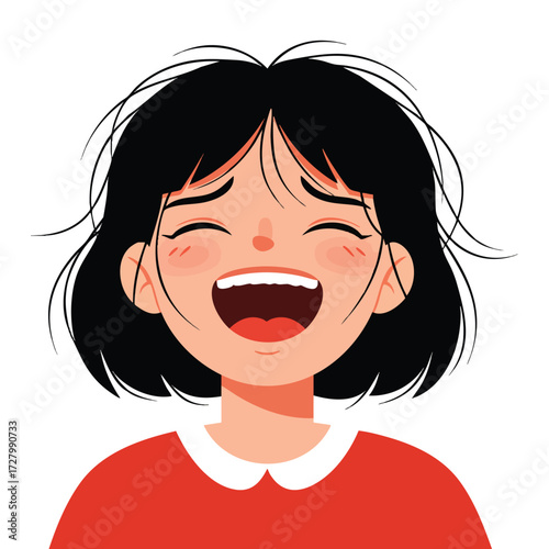a girl with messy hair, laughing so hard her eyes are closed and her head is tilted back