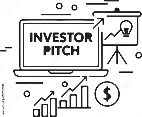 Investor pitch concept with laptop presentation board charts and dollar vector illustration