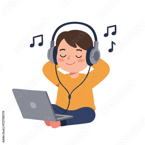 a child sitting relaxed with large headphones covering their ears, their eyes closed and a slight smile, grooving to the music.
