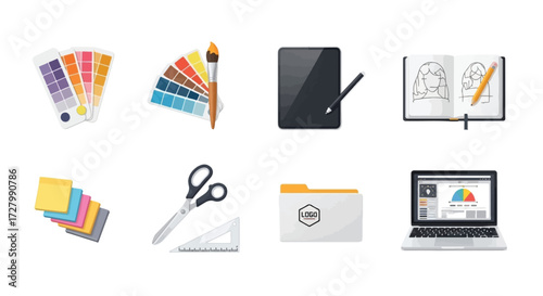 Graphic design tools and supplies illustration set on white background.