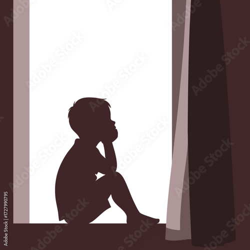  the silhouette of a child sitting on a windowsill, resting their chin on their hands while looking outside (which is unseen)