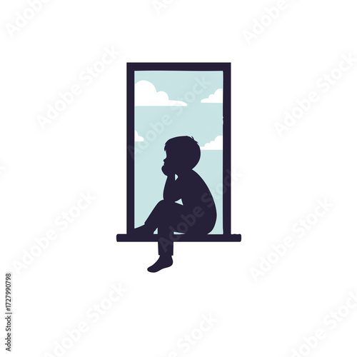  the silhouette of a child sitting on a windowsill, resting their chin on their hands while looking outside (which is unseen)