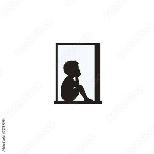  the silhouette of a child sitting on a windowsill, resting their chin on their hands while looking outside (which is unseen)