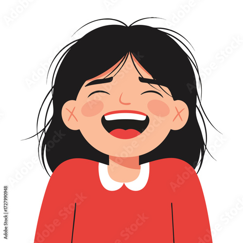 a girl with messy hair, laughing so hard her eyes are closed and her head is tilted back