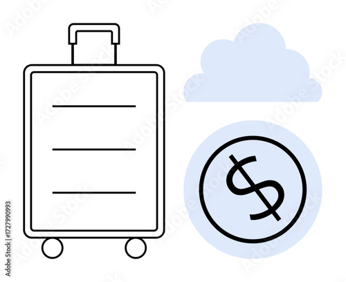 Suitcase with rolling wheels next to a dollar coin and cloud. Ideal for travel planning, budgeting, tourism, financial goals, savings, cloud storage, and minimalistic design. Simple flat metaphor